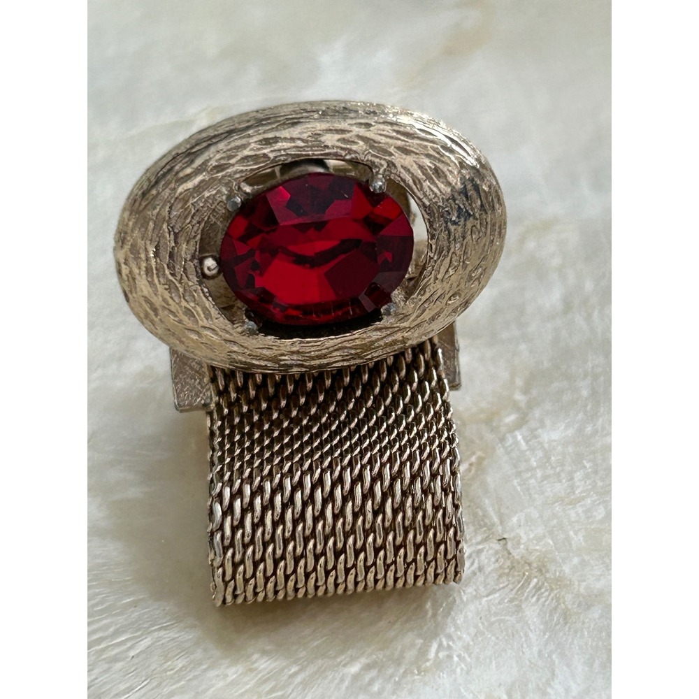 Vintage Dante MCM Red Rhinestone Mesh Wrap Cufflinks Gold Tone Retro Elegant